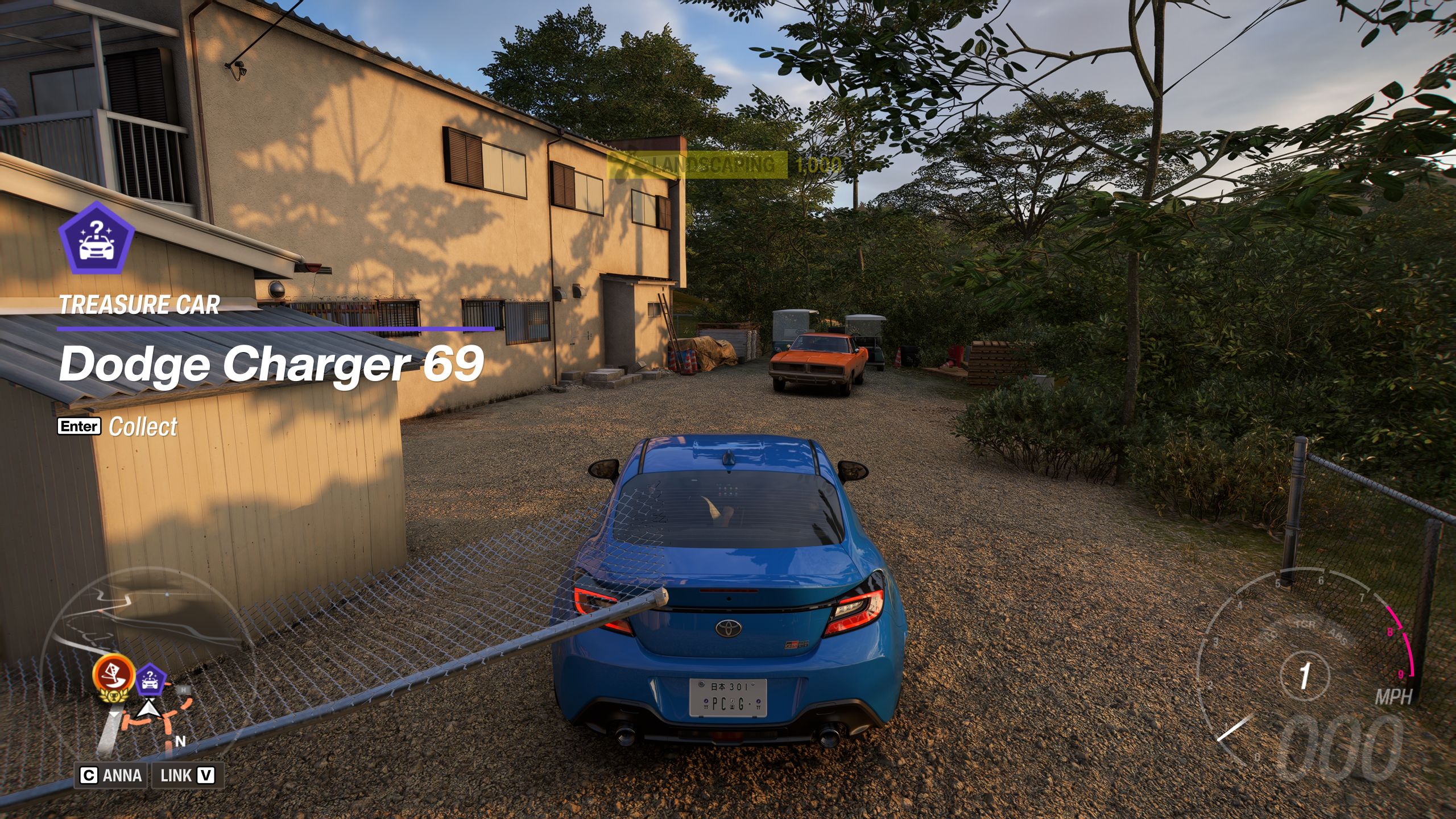 Forza Horizon 6 Treasure Cars: A BMW parked opposite a Dodge Charger 1969 behind a building.