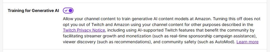Twitch's 'Training for Generative AI' toggle and description, as it appears in Twitch's account settings.