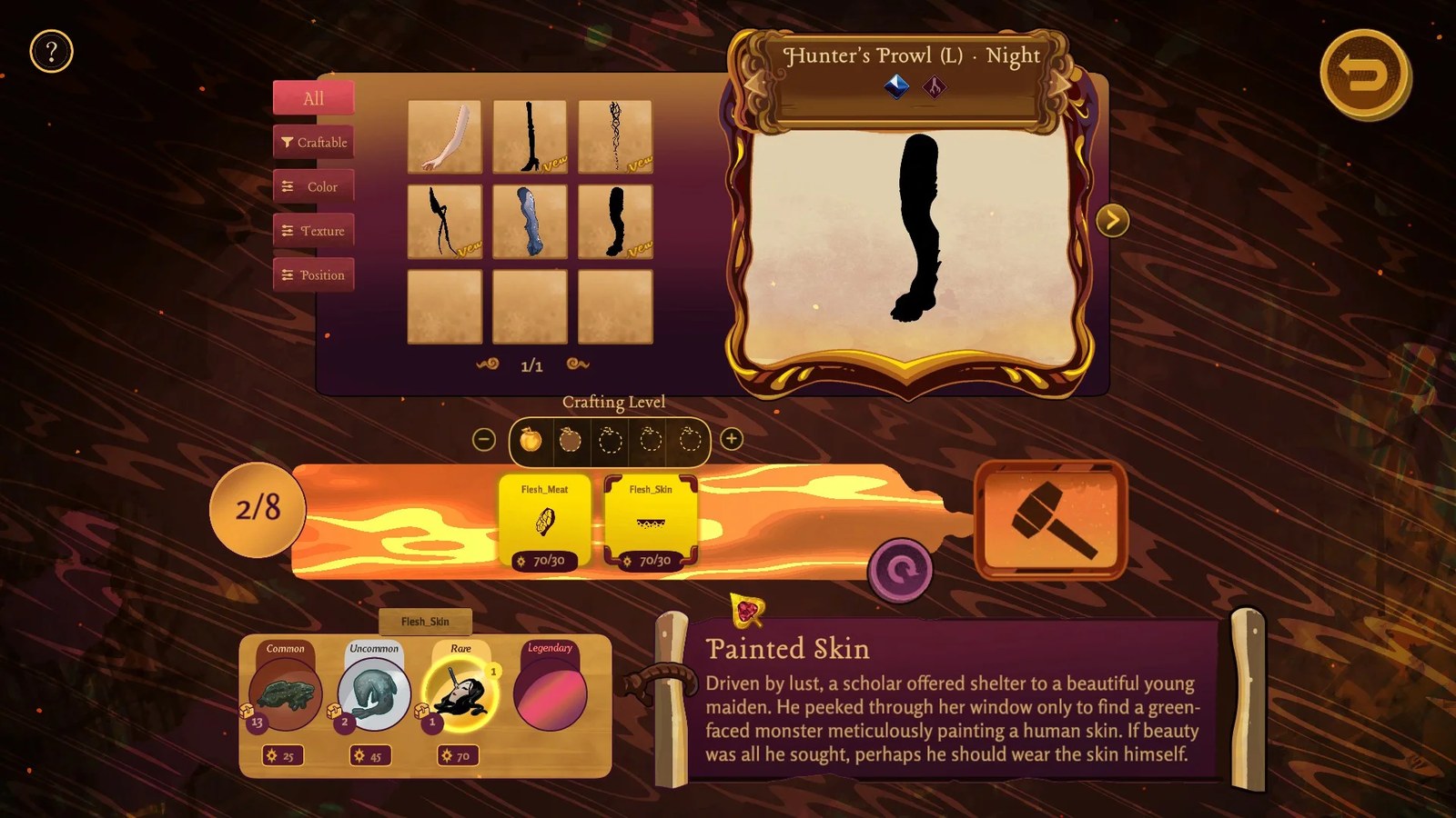 The body part crafting screen from Dance of Theseus, with materials displayed in a window at the bottom.