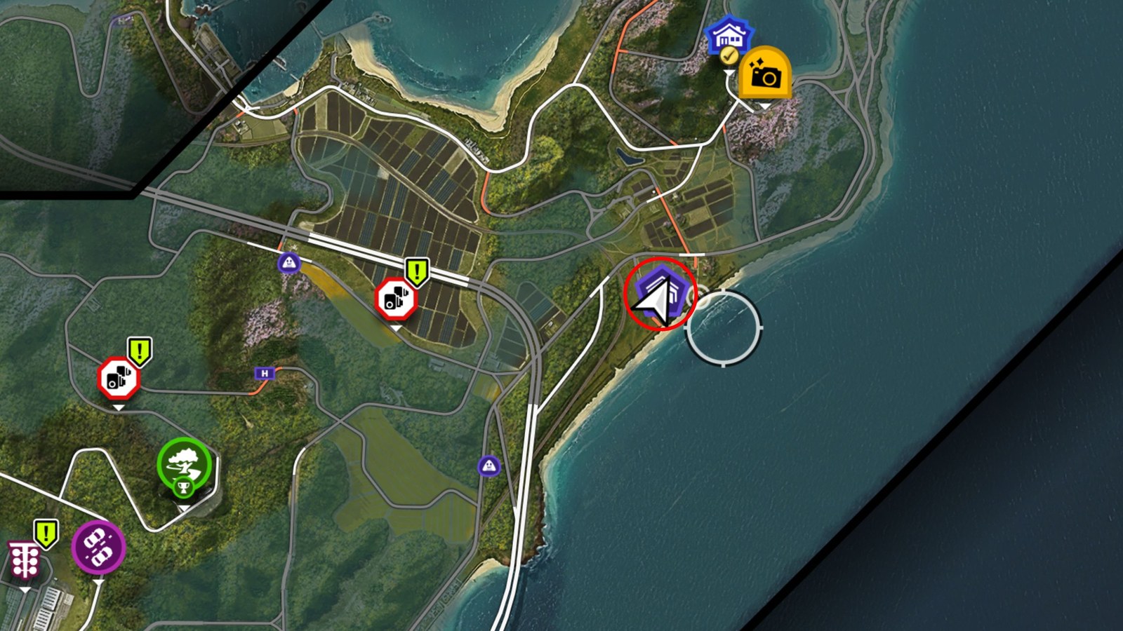 Forza Horizon 6 Barn Finds: A map with a red circle showing the location of the Barn Find within the purple search area.
