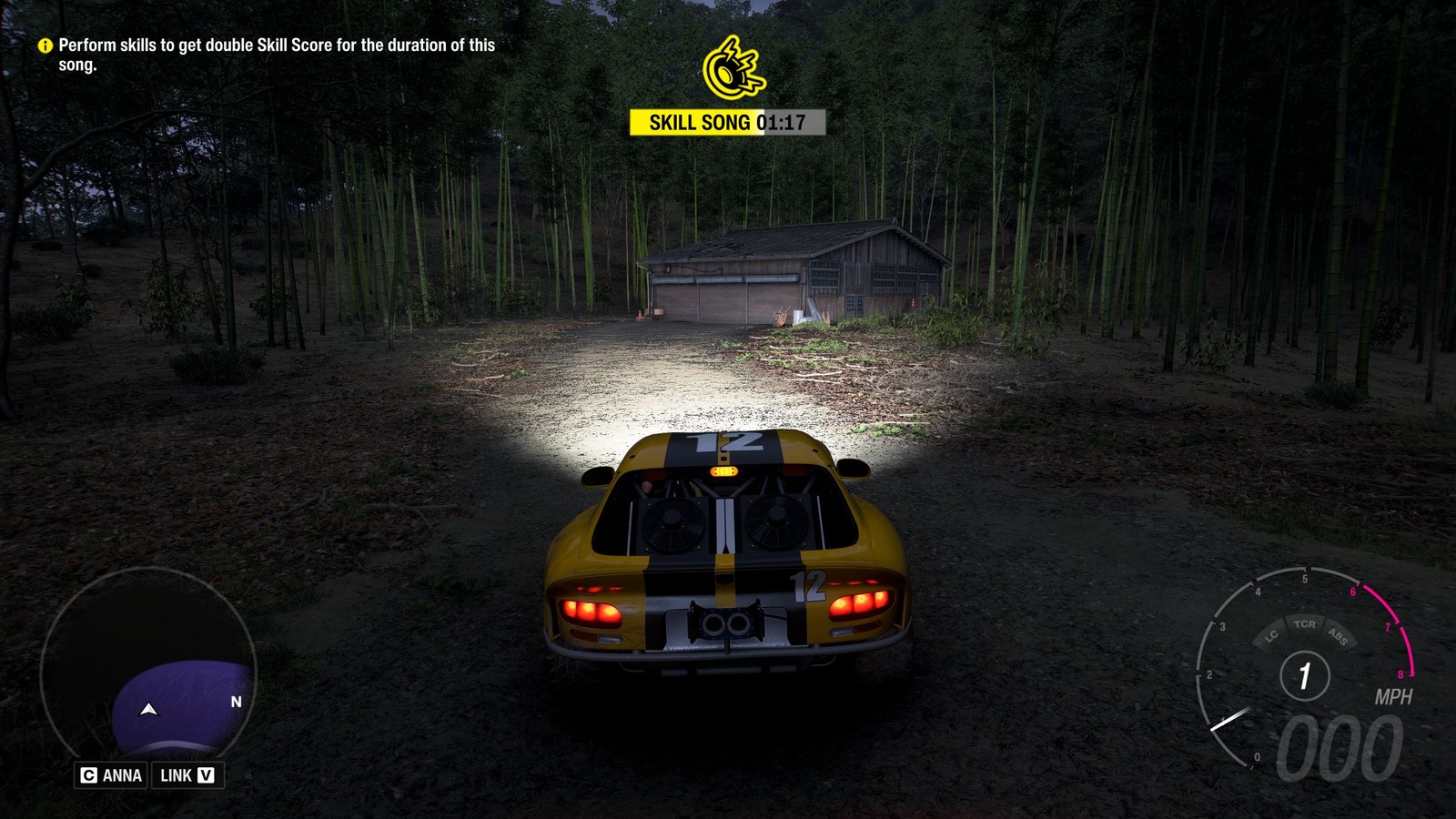 Forza Horizon 6 Barn Finds: A player parked outside an old wooden barn on a wooded hillside at night.
