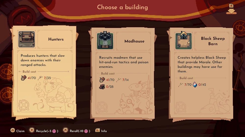 The King is Watching screenshot showing a choice of three buildings to construct