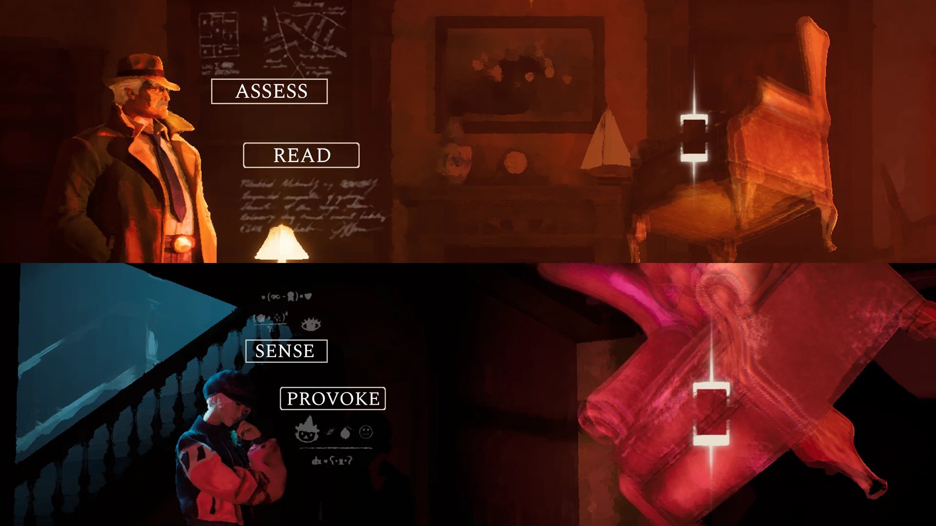 Brass and Kira's distinct evidence-gathering styles in The Eventide are highlighted by a split-screen comparison.