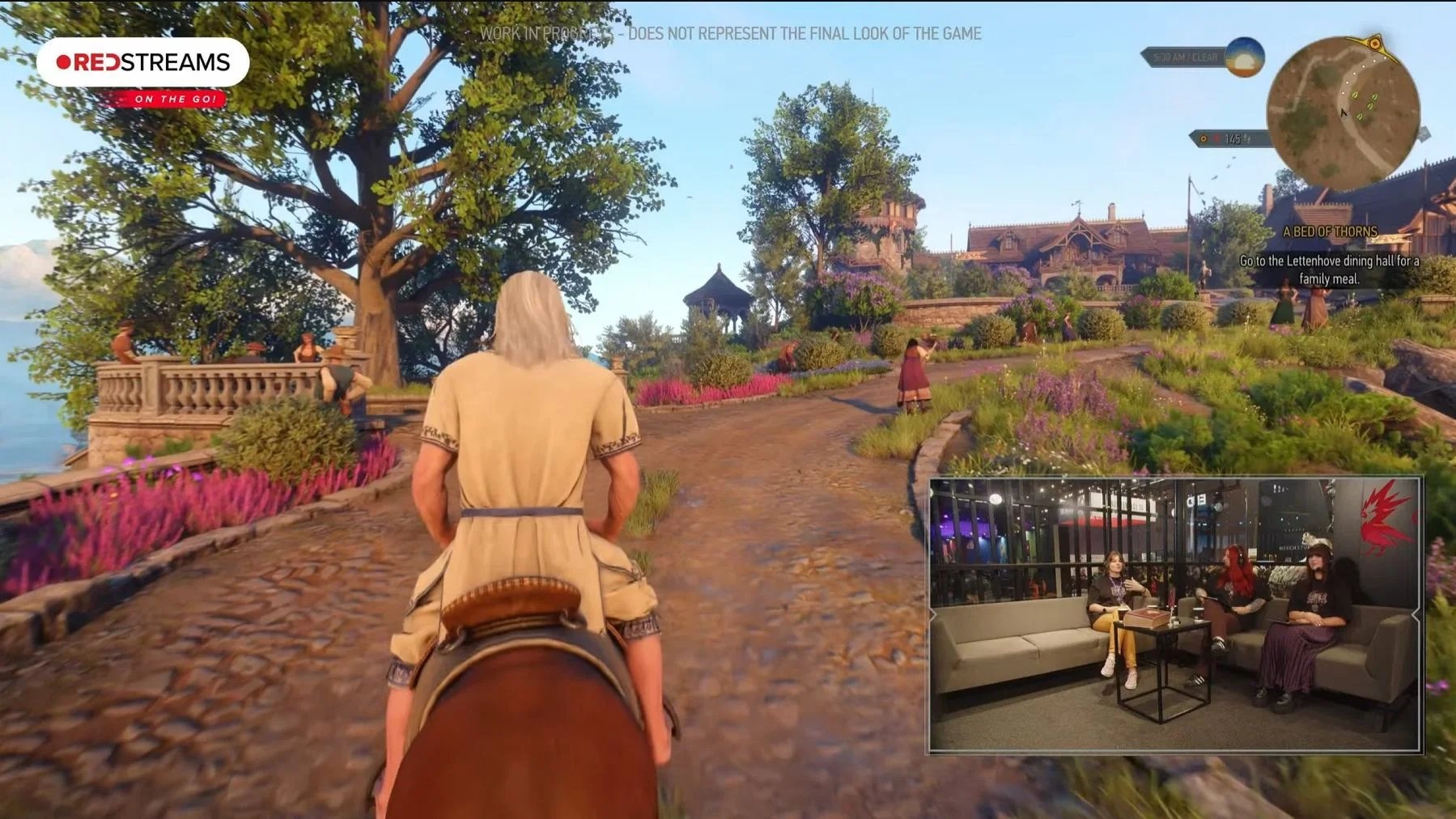 A white haired man rides on a horse in a verdant countryside setting.