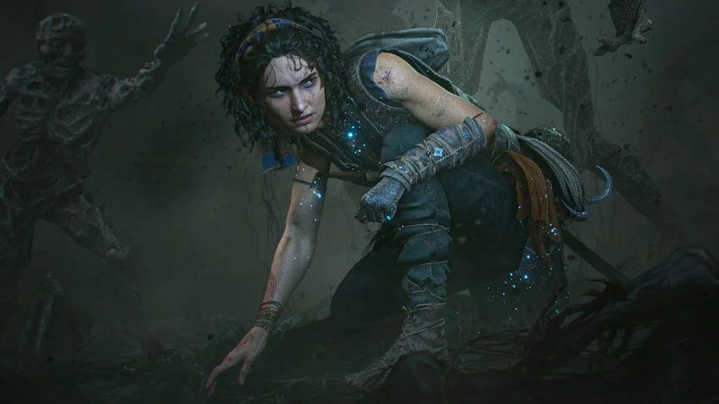 A pale-skinned woman with dark curly hair crouches in a grey, foreboding place, grim determination on her face. Around her, shadowy figures can be seen.