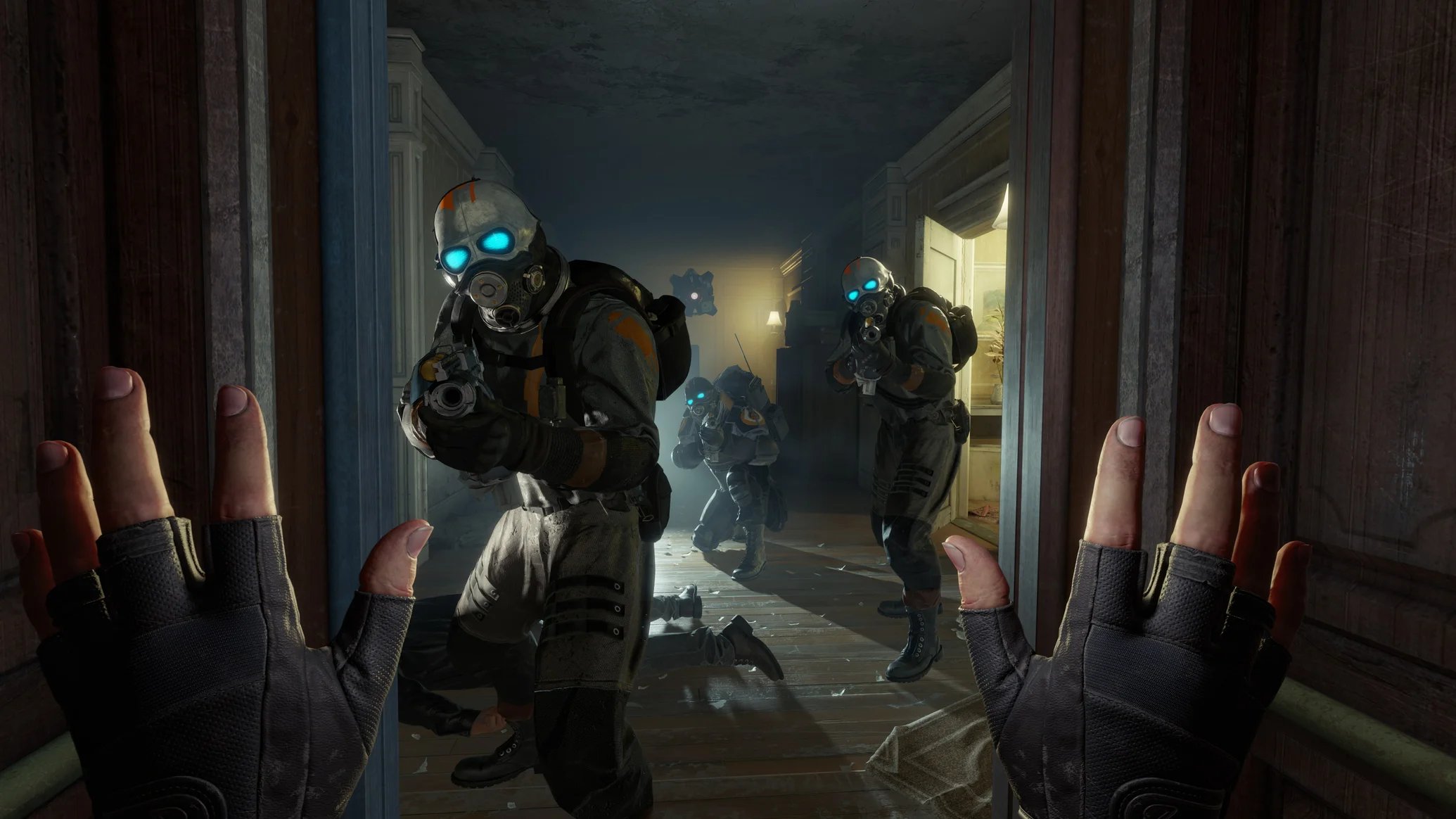 The player holds their hands up as Combine aim guns at them in Half-Life: Alyx