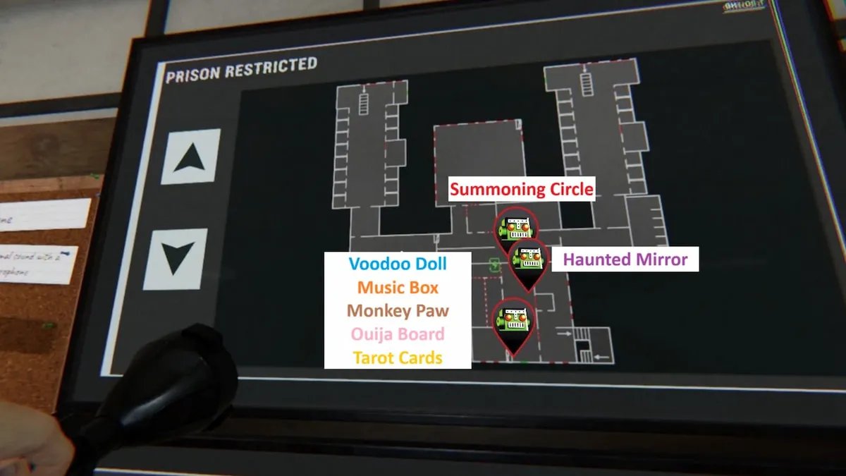 All Phasmophobia Prison Restricted Cursed Possession locations on map