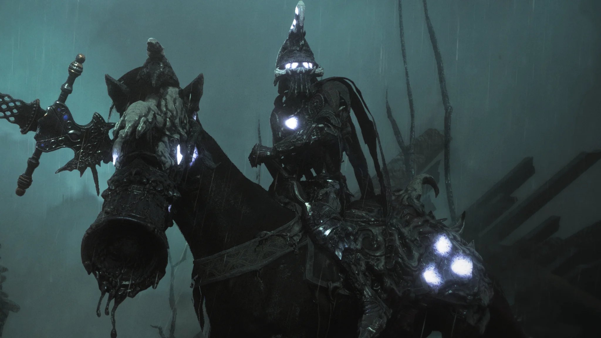 The Mendicant Reinbreaker of Soulframe, an oily black, glowing-eyed warrior with a long spear on a monstrous horse.