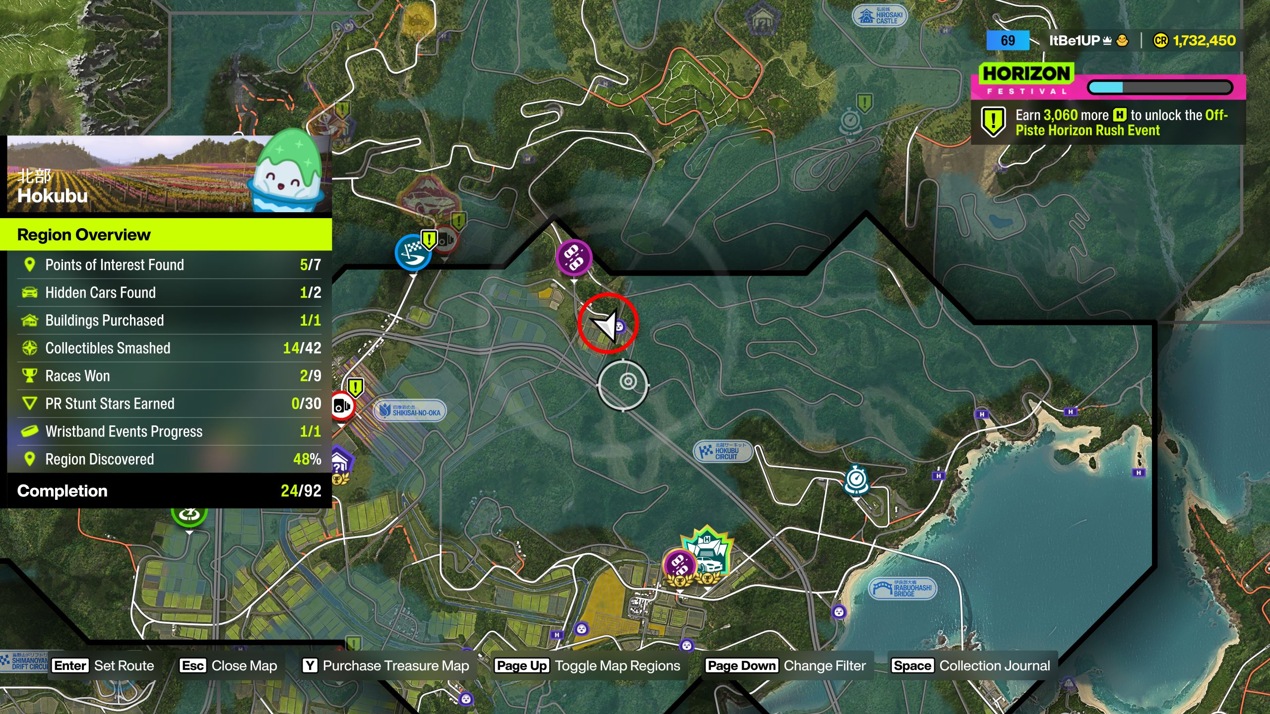 Forza Horizon 6 Treasure Cars: A map with a red circle bringing attention to the location of a Treasure Car in the Hokubu region.