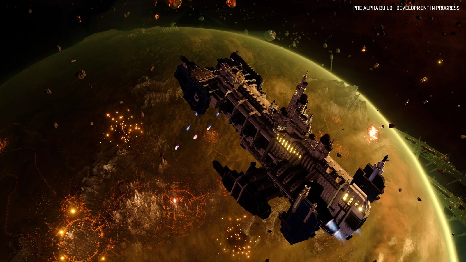 A battle barge floating above a war-torn planet in Total War: Warhammer 40,000