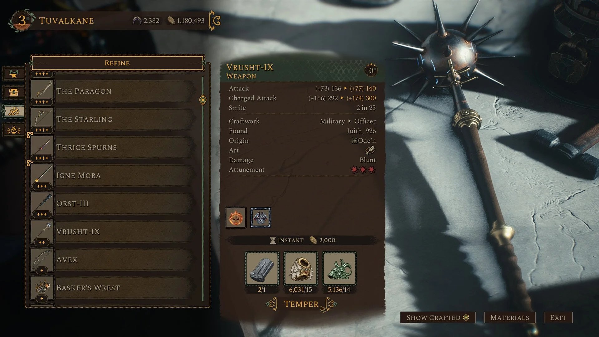 An inventory screen from Soulframe, showing the stats for a shiny spiked mace.