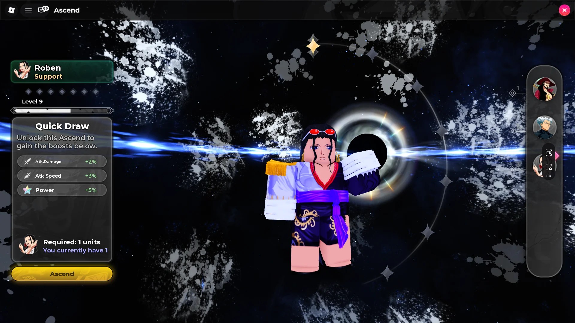 How to ascend Heroes in Anime Stars Roblox experience.