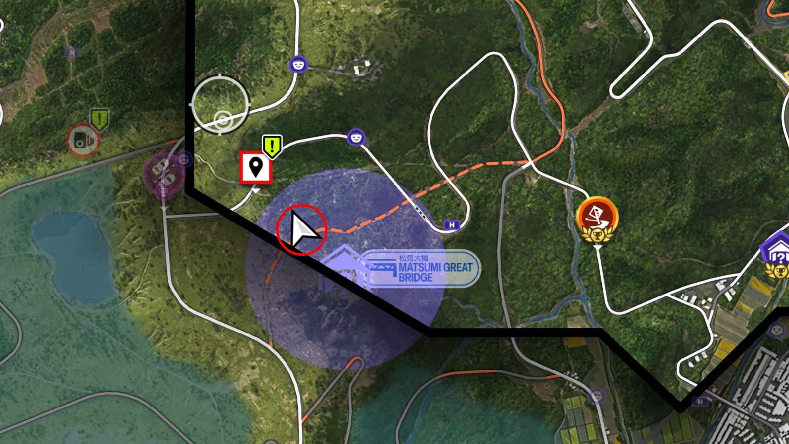 Forza Horizon 6 Barn Finds: A zoomed-in map with a red circle showing the location of the Barn Find vehicle within the purple search area.
