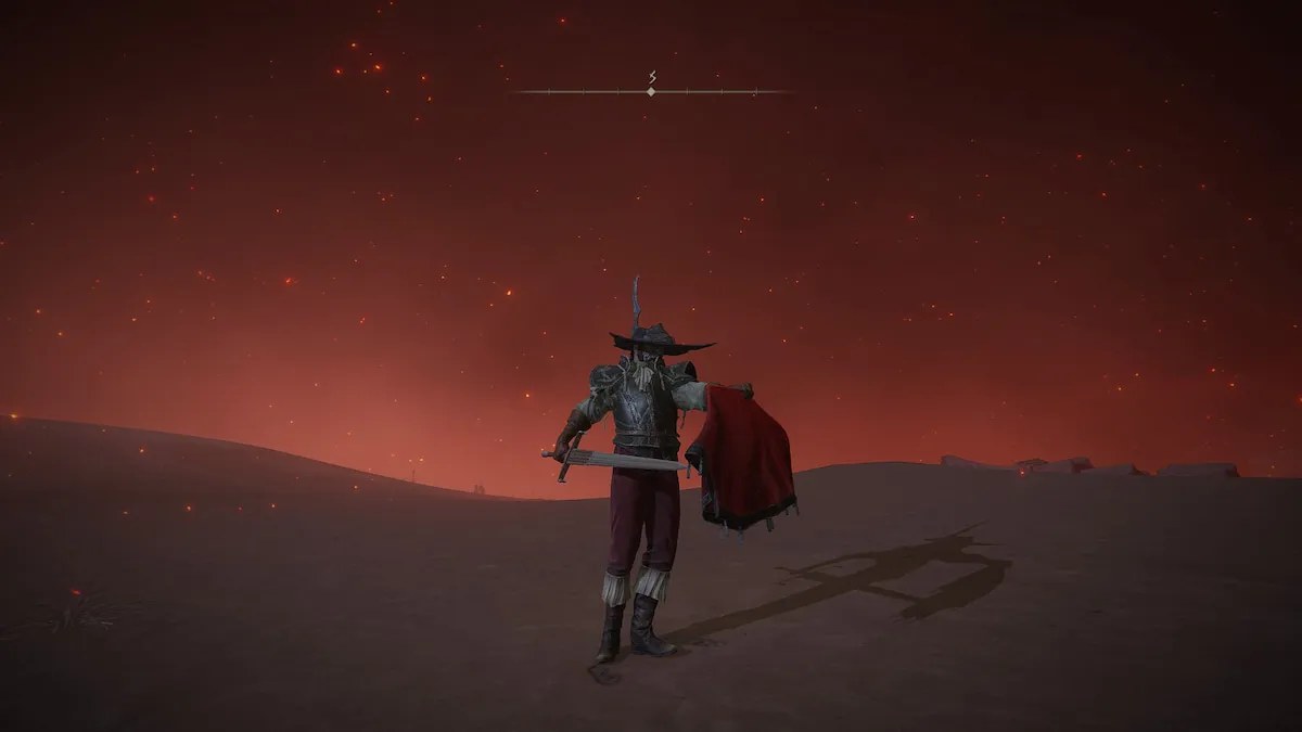 A Tarnished wears Leontiel's armor set and wields his signature greatsword in Elden Ring;