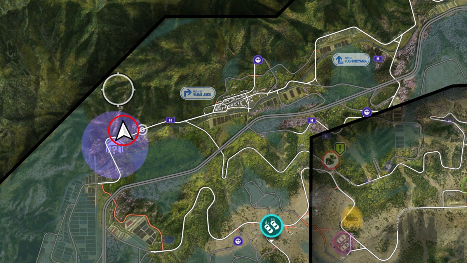 Forza Horizon 6 Barn Finds: A map with a red circle showing the location of the Barn Find within the purple search area.