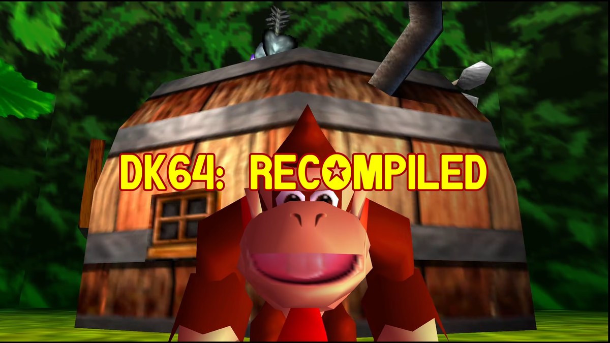 Donkey Kong stares towards the camera under the words DK64: Recompiled