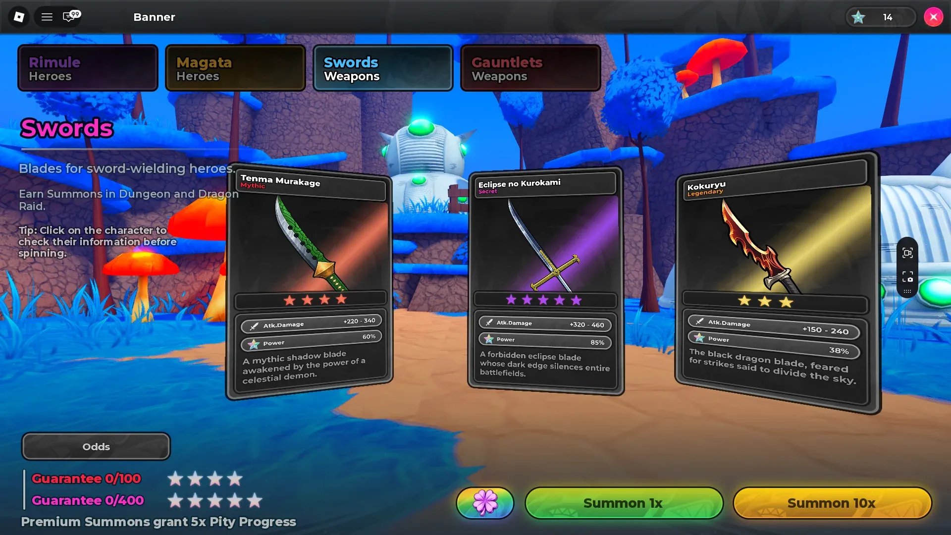 How to summon Weapons in Anime Stars Roblox experience.