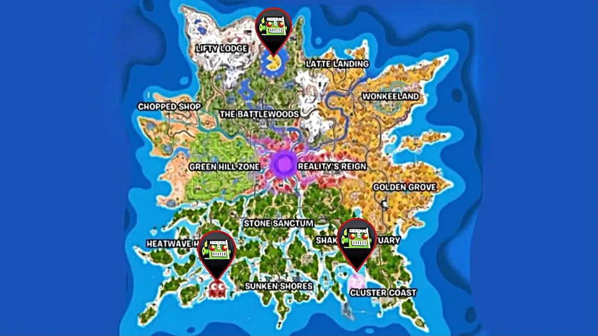 Blinky Island, Pinky Island, and Pac-Man Island marked on map in fortnite