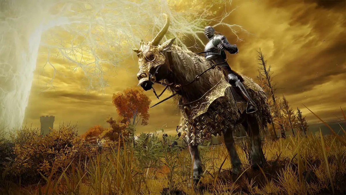 An Idus Knight rides Torrent, which is clad in Tree Sentinel-esque armor, in Elden Ring.