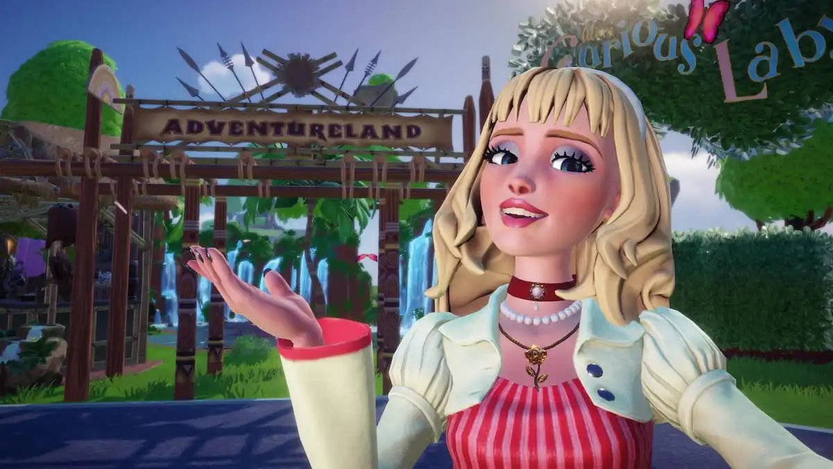 Taking picture with adventureland arch in disney dreamlight valley