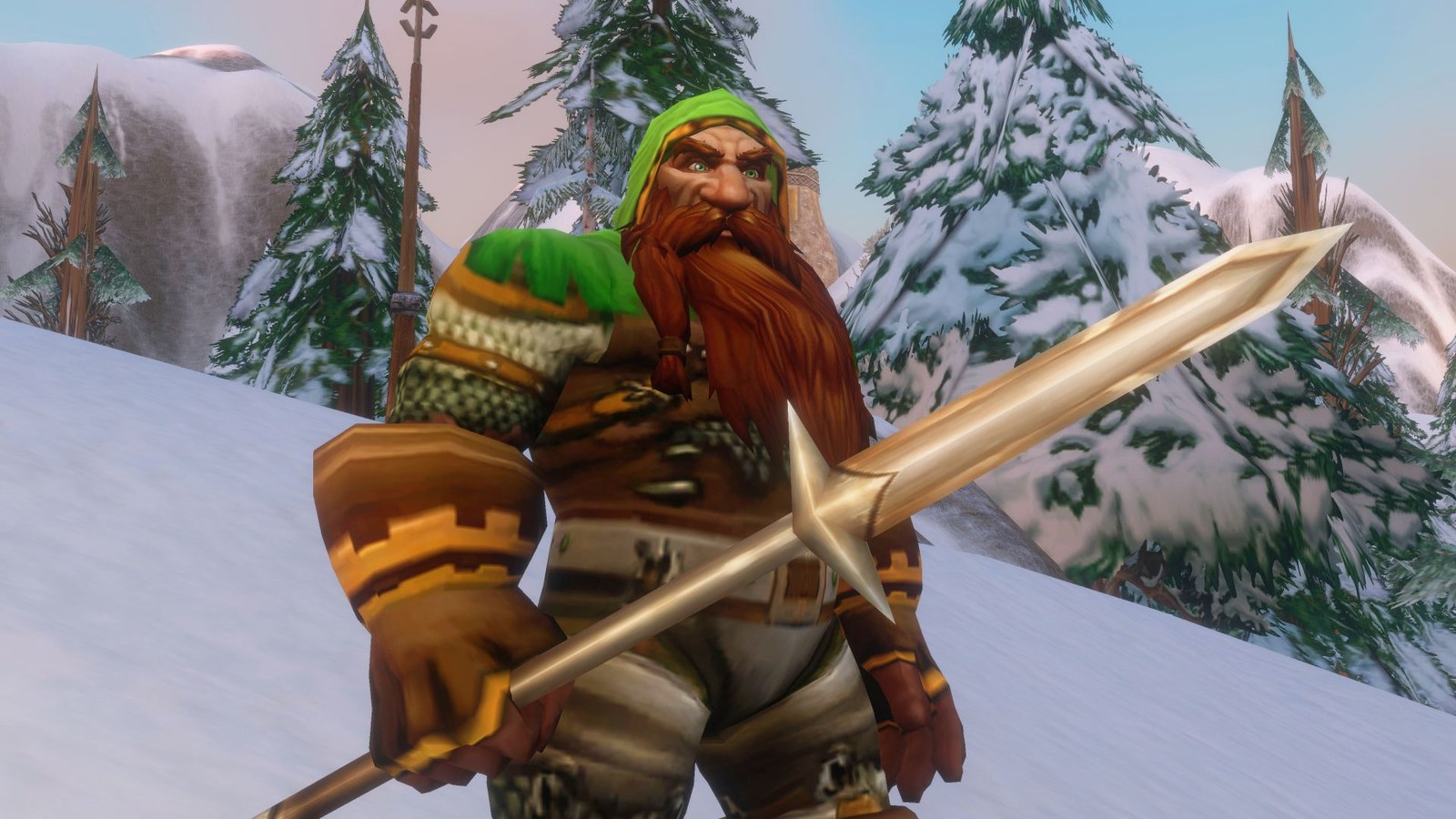 A screenshot of the World of Warcraft: Forever beta. A Dwarf with a long bear wields a spear on a snowy hill.