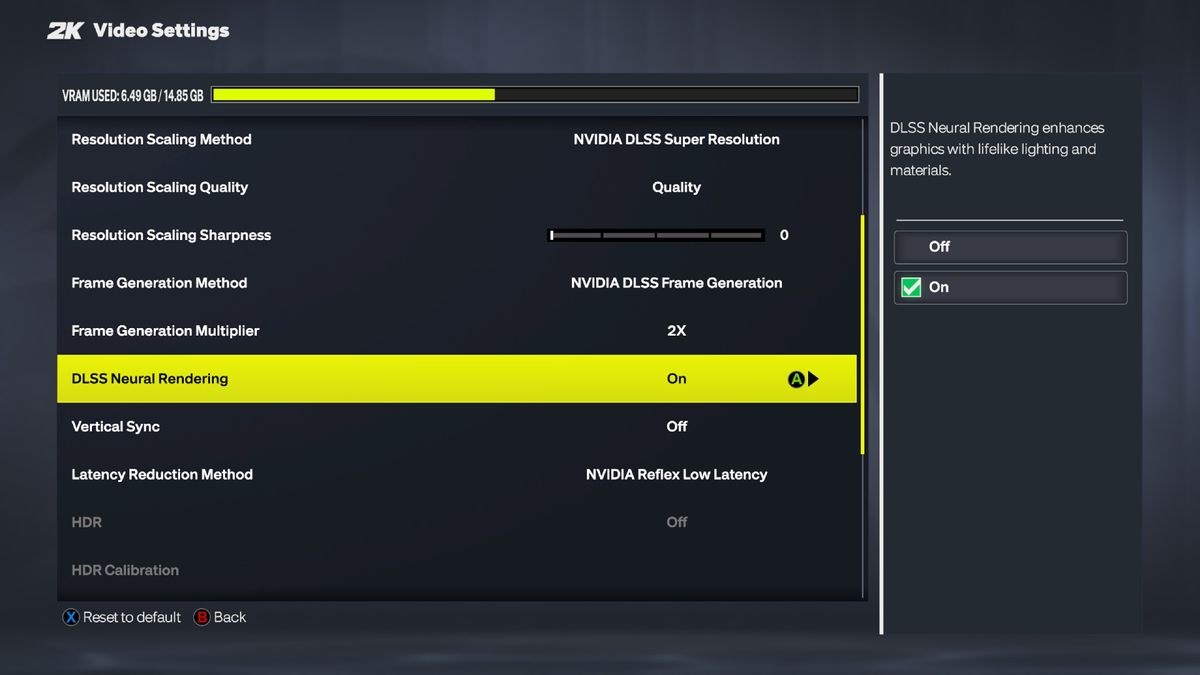 The graphics options menu for NBA 2K27, showing DLSS 5 labelled as "Neural Rendering"