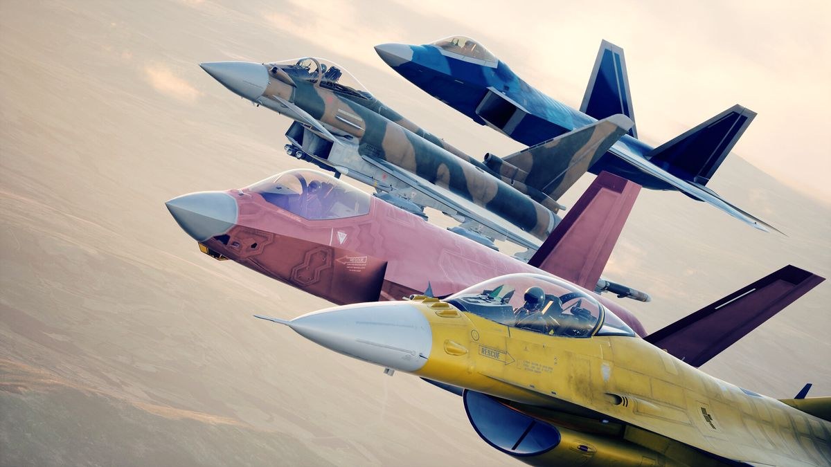 A squadron of player-customized aircraft in Ace Combat 8: Wings of Theve.