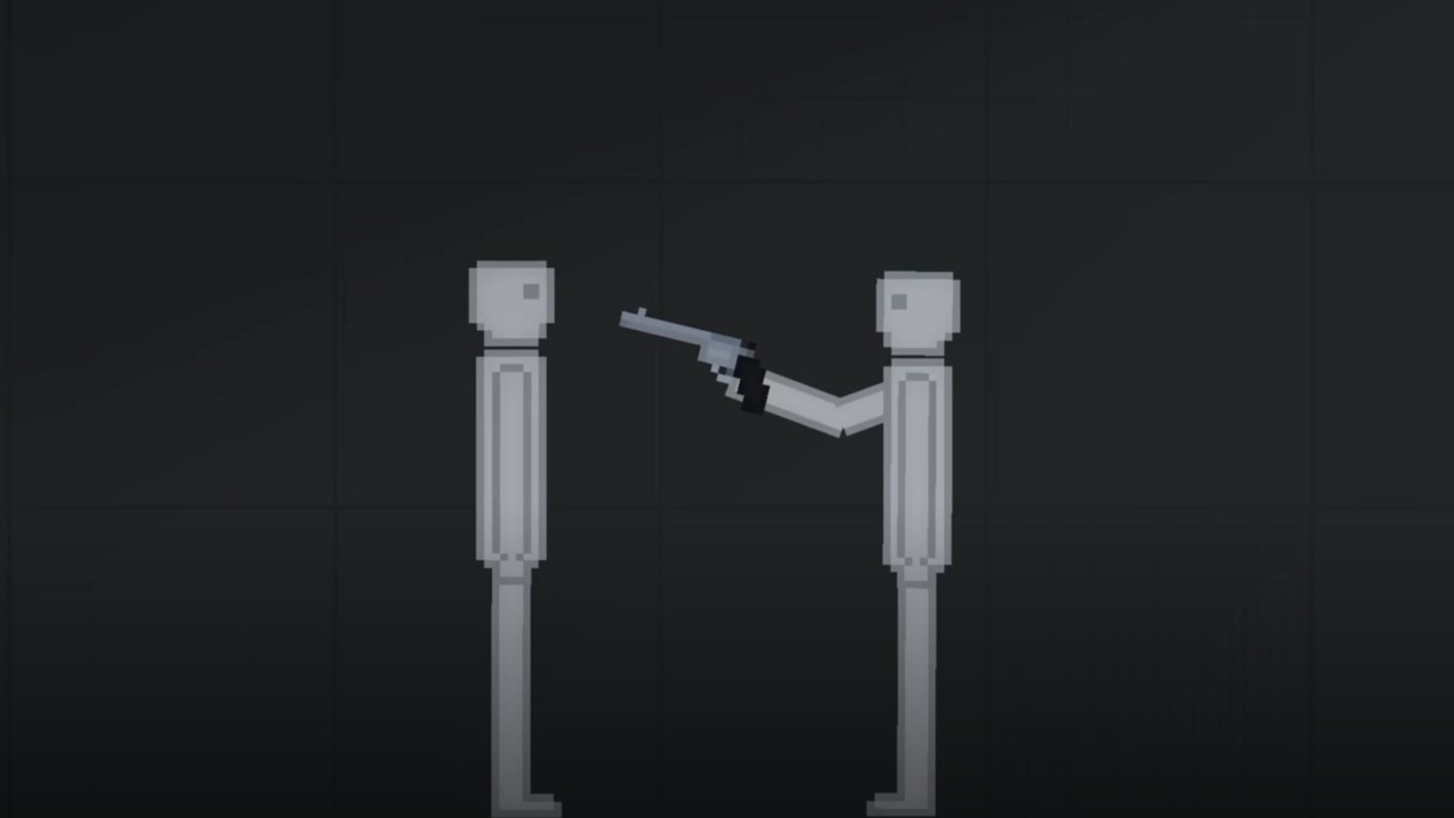 A humanoid ragdoll pointing a gun at the head of another in People Playground.