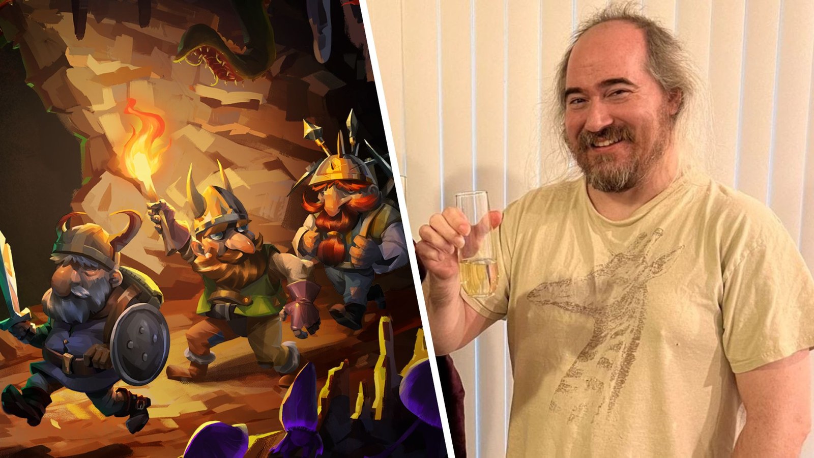 Key art for Dwarf Fortress showing a trio of dwarves exploring a cave system; Dwarf Fortress co-creator Tarn Adams.