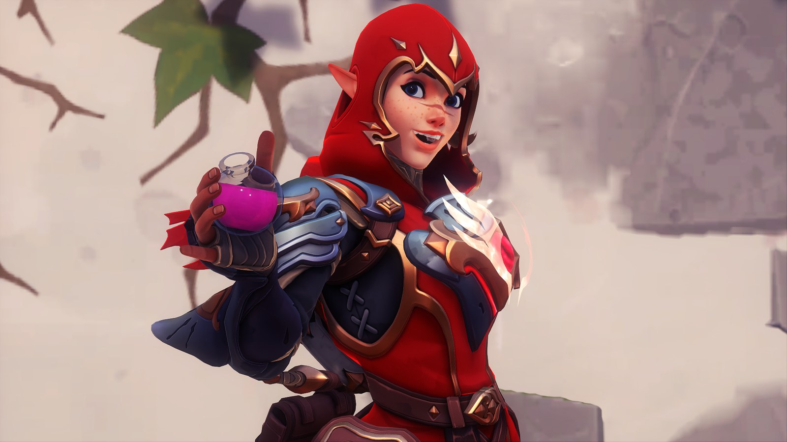 A screenshot of Tracer wearing a Mythic skin in Overwatch. She's wearing a red hood with golden accents and is cheerfully holding out a small potion.