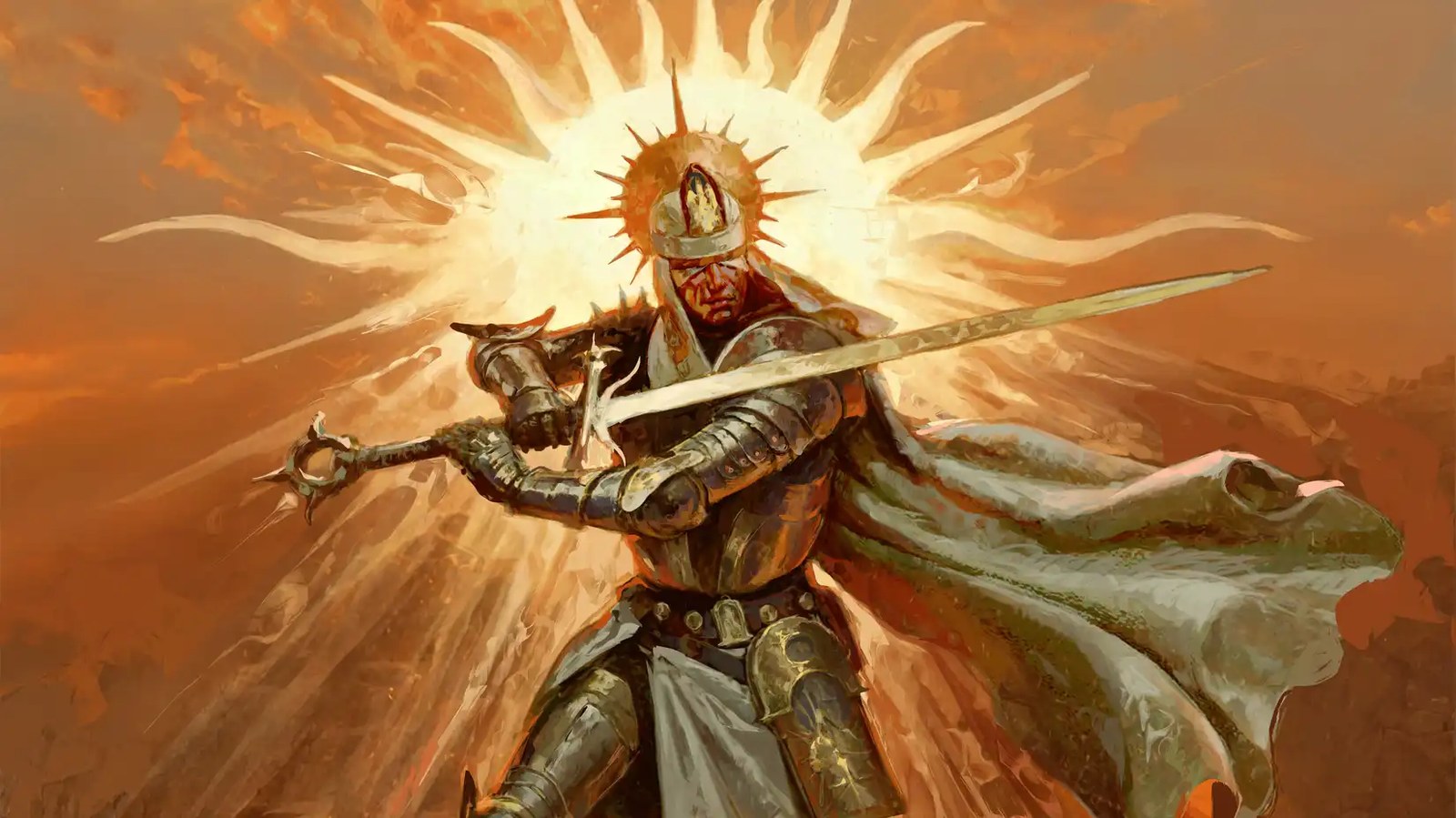 A paladin holds a long sword with a sun behind his head in Diablo 4 artwork