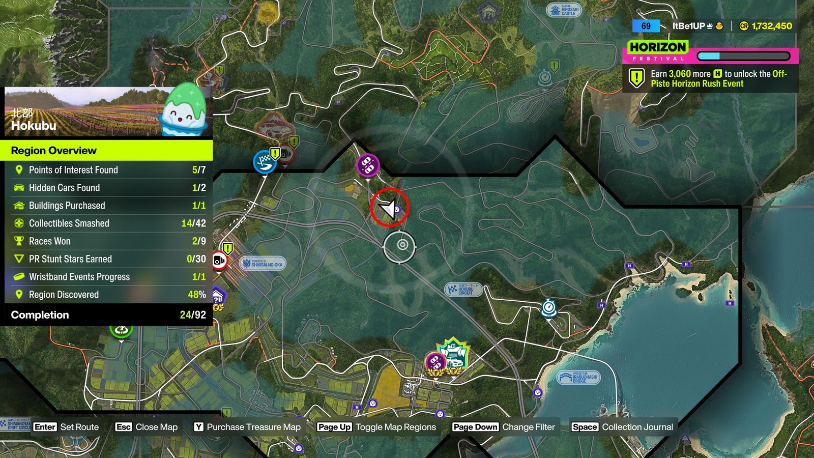 Forza Horizon 6 Treasure Cars: A map with a red circle bringing attention to the location of a Treasure Car in the Hokubu region.