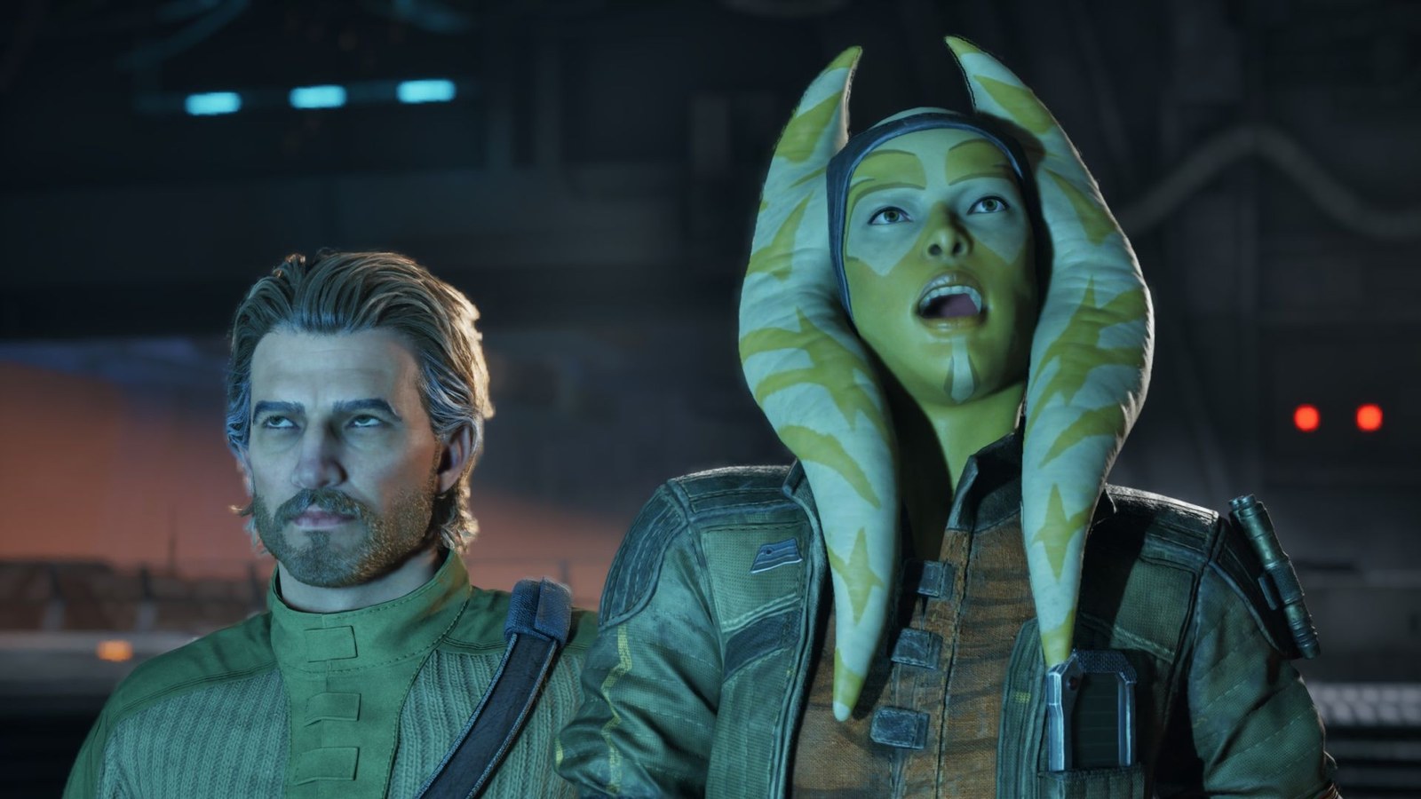 Hawks rolls his eyes while Runa talks to a hologram off-screen, illuminated by its blue glow