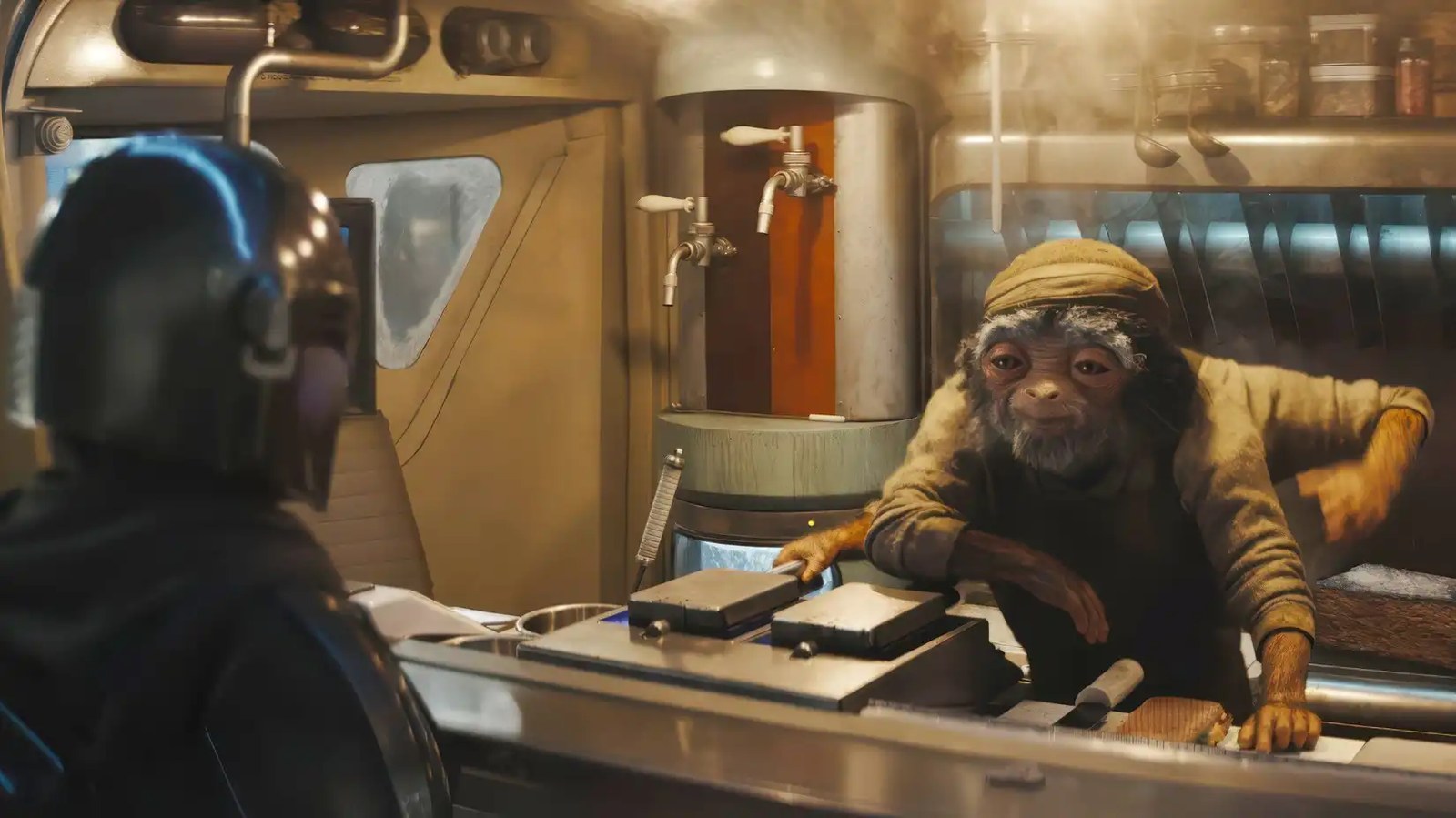 Din Djarin speaks with Hugo Durant at his food truck in The Mandalorian and Grogu