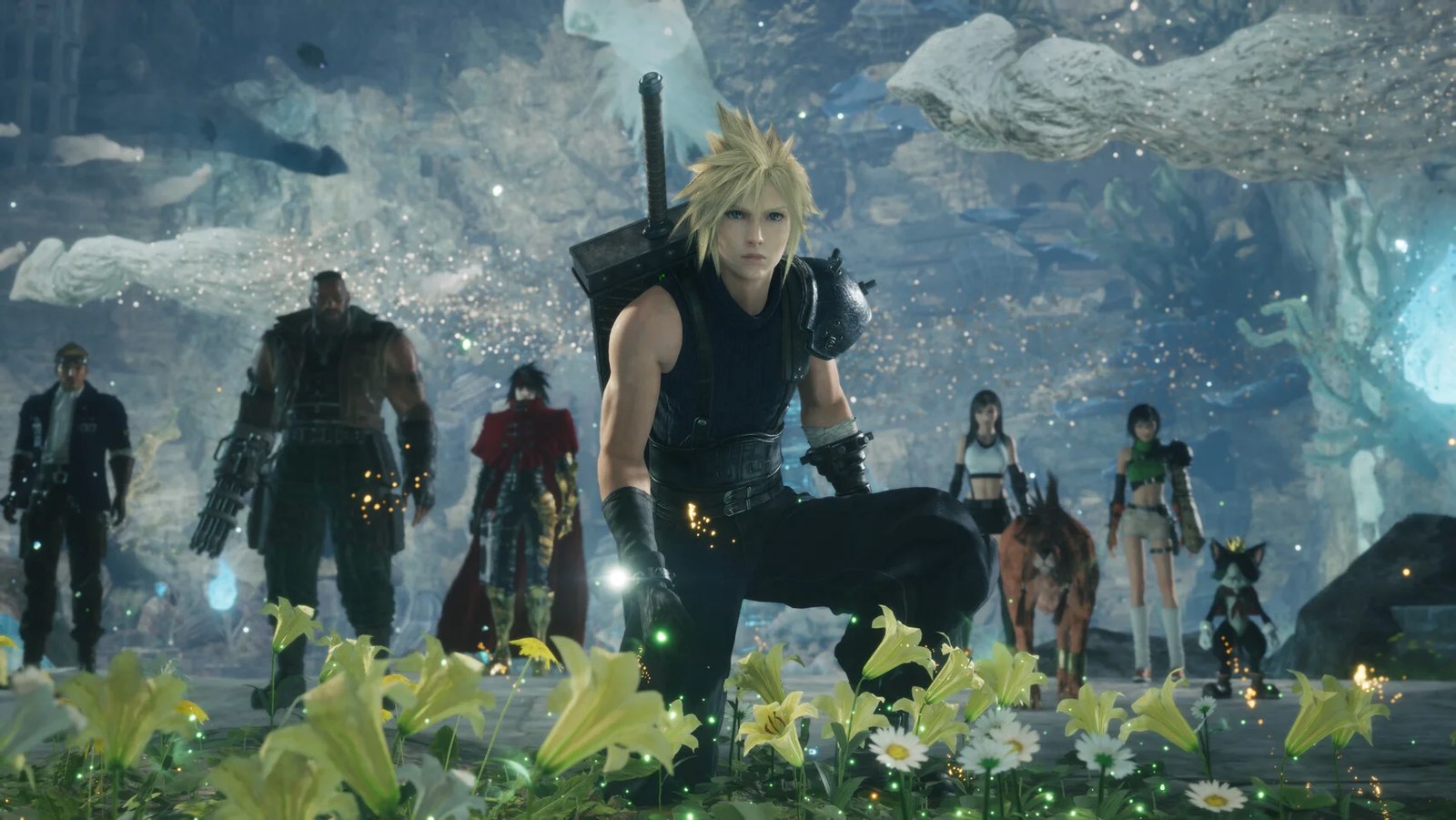 Final Fantasy 7 Revelation screenshot showing Cloud in the centre of the frame while his crew fan out behind him.