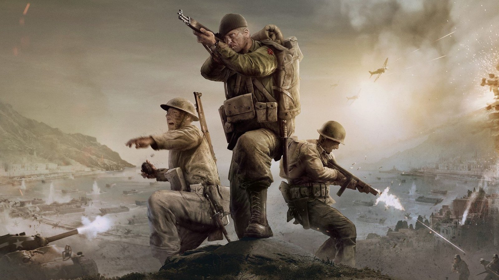 Company of Heroes 3 key art - three Allied soldiers on a rocky peak, shooting and throwing grenades at enemies