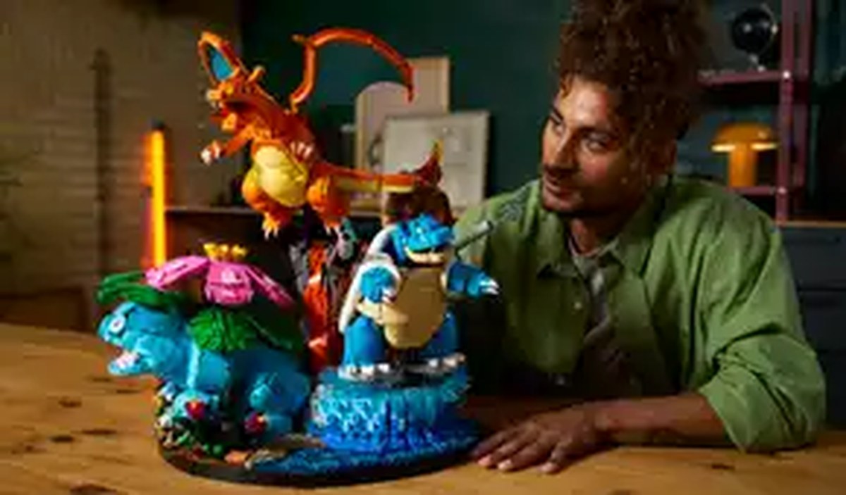 A Lego build of Pokemon Venusaur, Charizard, and Blastoise