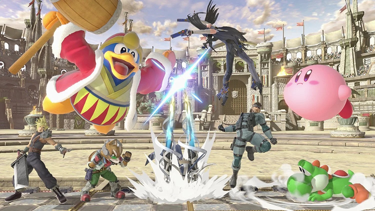 Screenshot from Super Smash Bros Ultimate, showing King Dedede, Kirby, Bayonette, Yoshi, Cloud, and Fox fighting each other.