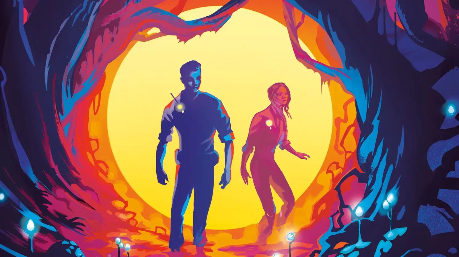 A man and a woman stand in a cave framed by vines in the cover art for Blightfall