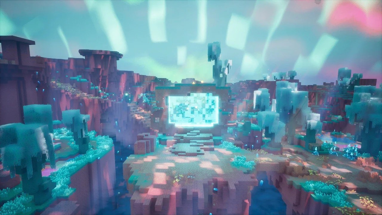 A blocky, stylized landscape with a glowing blue portal in the center. The environment is colorful, featuring pink and purple rock formations, turquoise foliage, and an aurora-like sky with streaks of green and white.