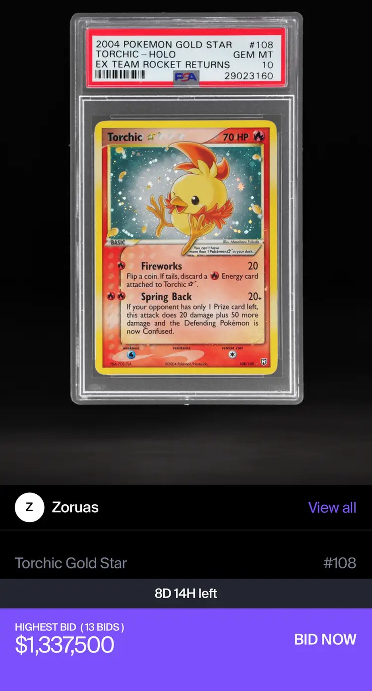 A PSA 10 graded Torchic Star card from 2004, that is currently up for auction for $1.3M.