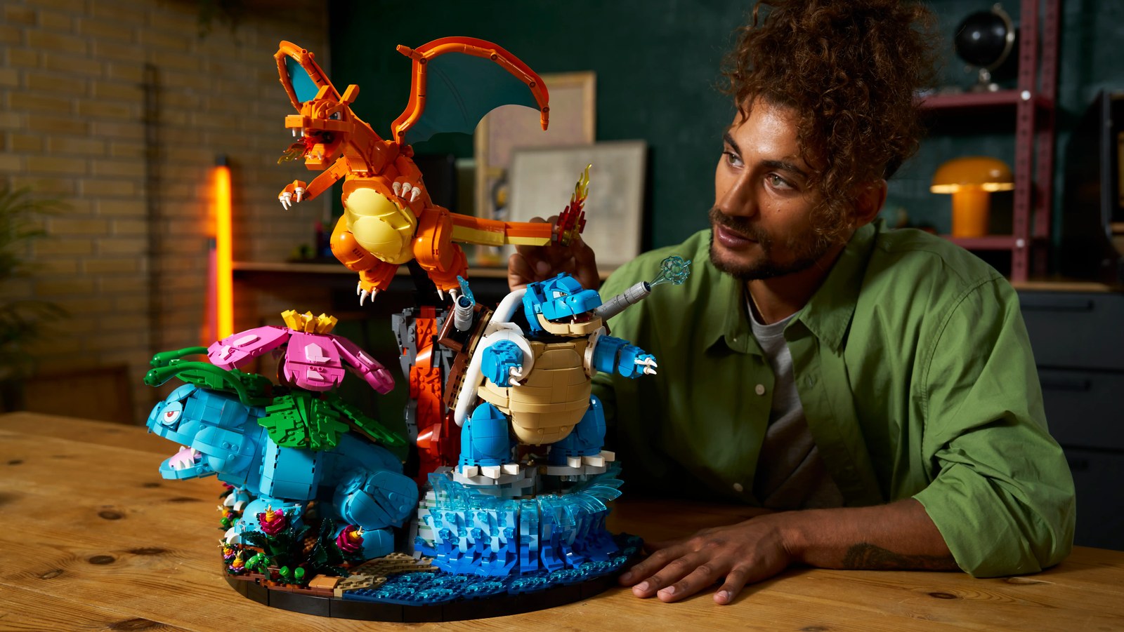A Lego build of Pokemon Venusaur, Charizard, and Blastoise