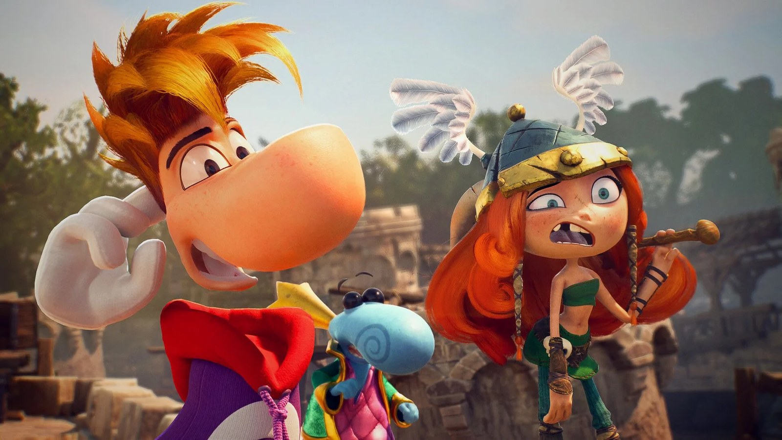 A cartoon character with no visible neck or arms scratches their head with a large white-gloved hand. A long-haired Viking-themed girl stands nearby. It sounds like the stuff of nightmares but actually it's only Rayman.