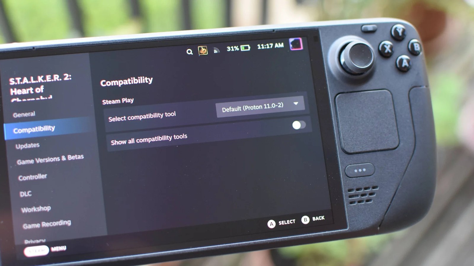 The updated Compatibility section in SteamOS' game Properties menu, shown on a Steam Deck OLED.