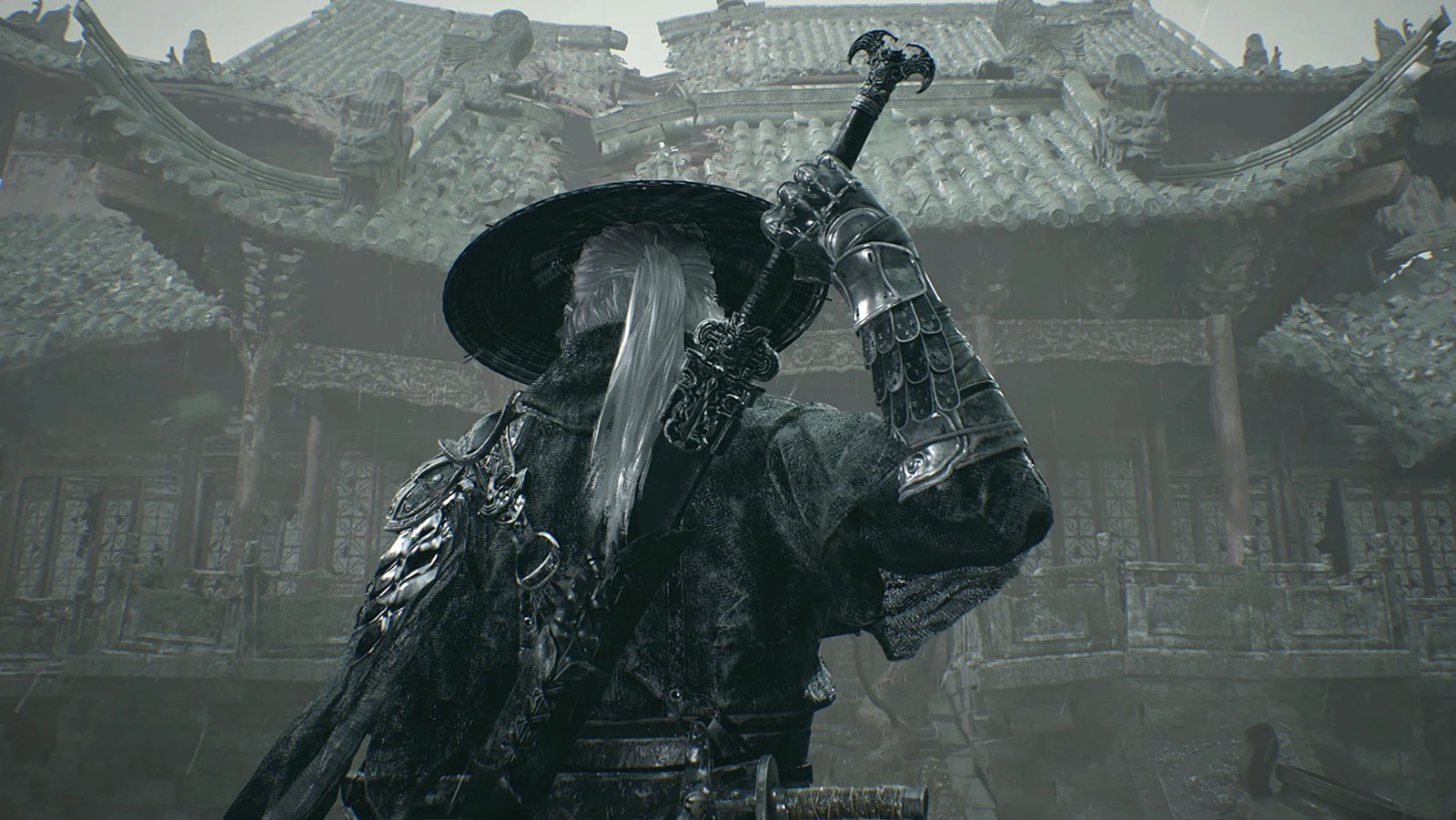 Screenshot of Phantom Blade Zero showing protagonist warrior from behind holding sword behind his back