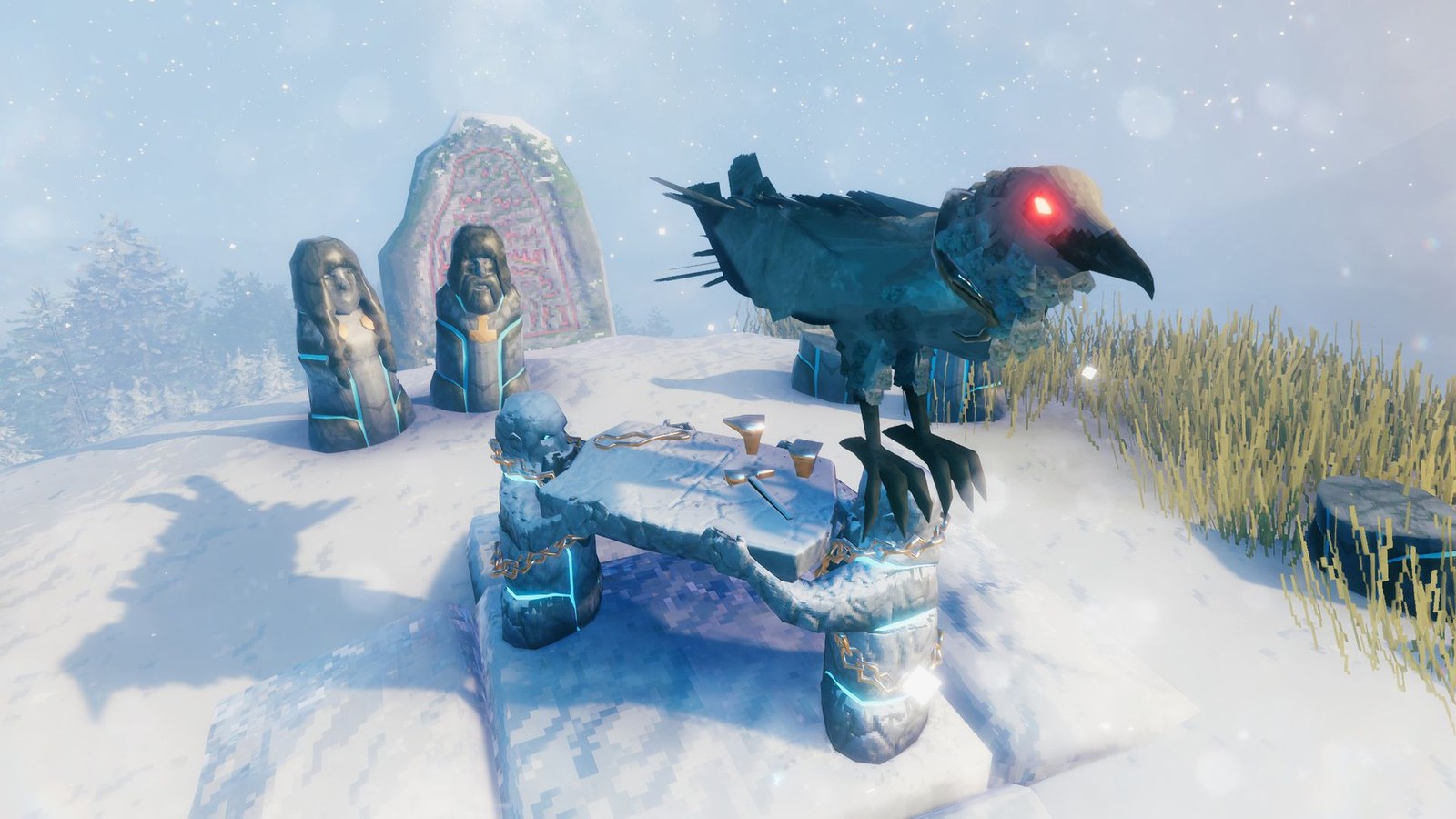 A large bird on a crafting table in snowy mountains