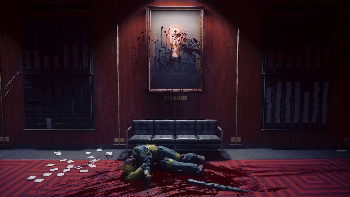 A bloodied portrait of Jesse Faden inside the Oldest House in CONTROL Resonant. A dead, bloodied soldier lies below it.