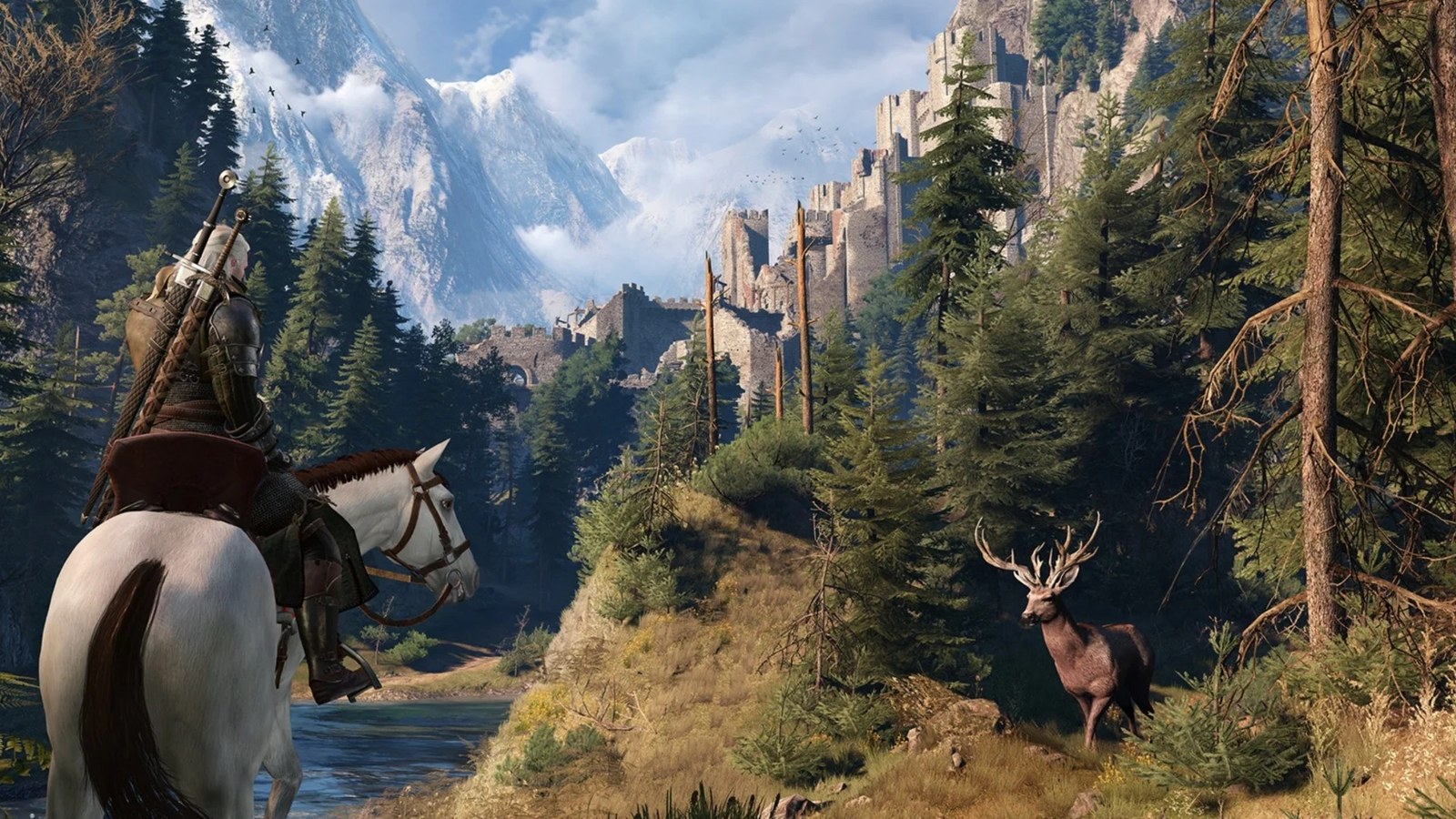 the witcher 3 geralt on horseback in forest
