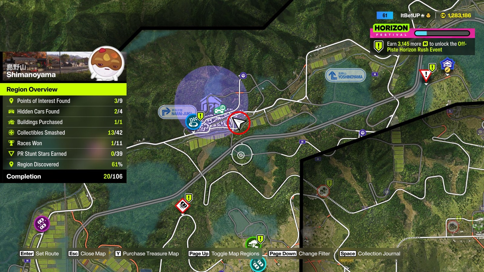 Forza Horizon 6 Treasure Cars: A map with a red circle bringing attention to the location of a Treasure Car in the Shimanoyama region.