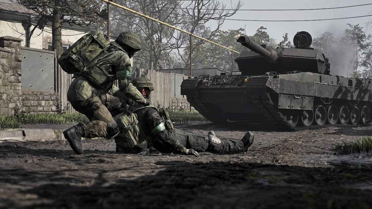 Player dragging another player up a street in Wardogs. 
